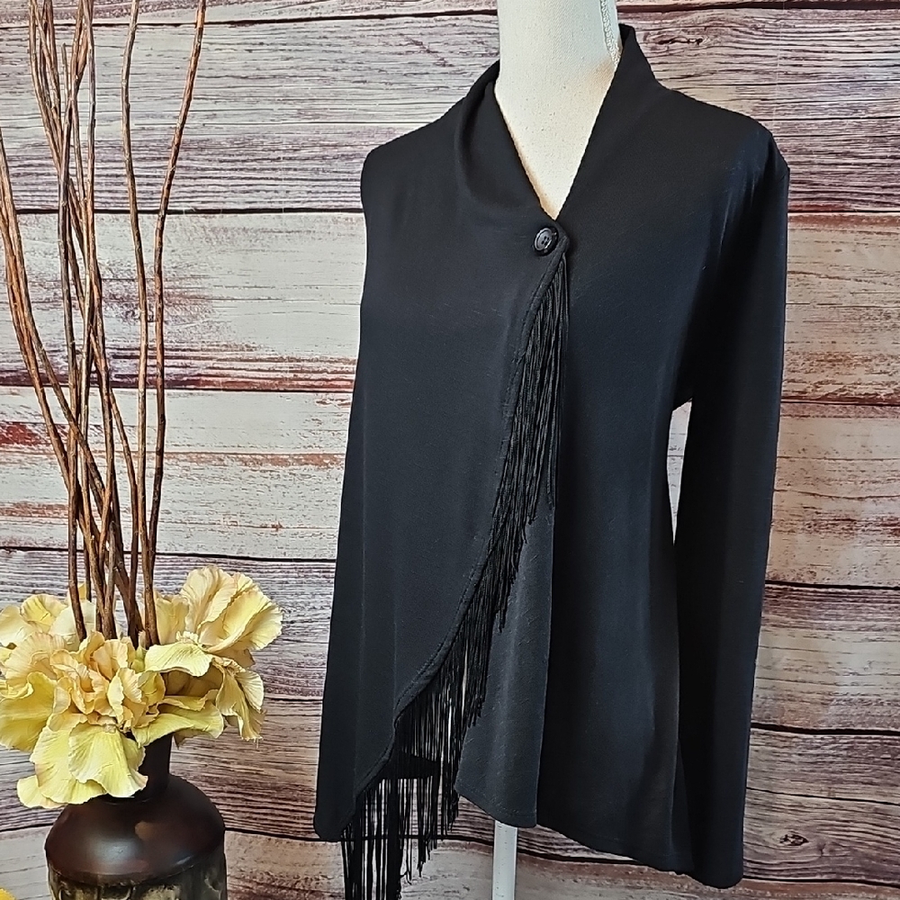 NEW A. BYER BLACK ASYMMETRICAL LONG SLEEVE LIGHTWEIGHT FRINGE WRAP